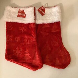 Christmas Design Stocking Set of 2 Holiday Style Red Fuzzy Faux Fur Trim. New
